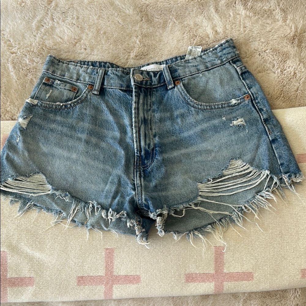 ZARA Blue Distressed Jean Shorts with Frayed Hem